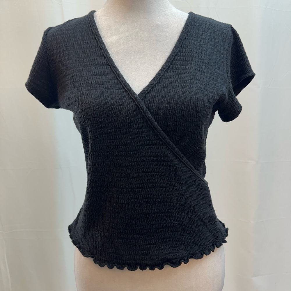 Neely Black V-Neck Textured Wrap Short Sleeve Top S